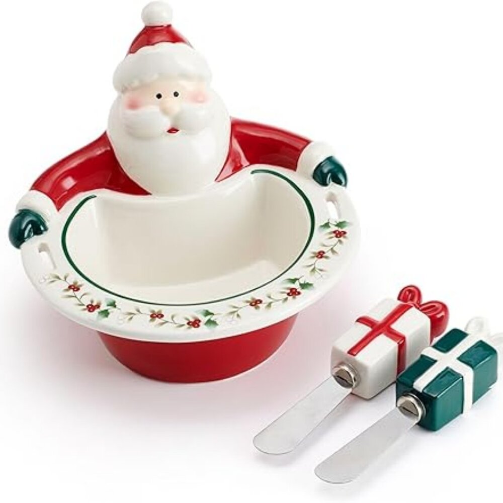 Pfaltzgraff Winterberry Santa Dip Bowl with Two Spreaders EUC